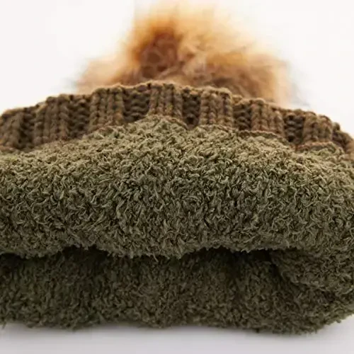 C.C Thick Cable Knit Faux Fuzzy Fur Pom Fleece Lined Skull Cap Cuff Beanie - 3