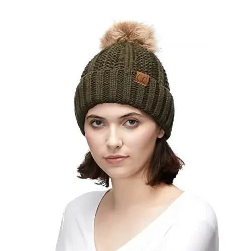 C.C Thick Cable Knit Faux Fuzzy Fur Pom Fleece Lined Skull Cap Cuff Beanie - 4