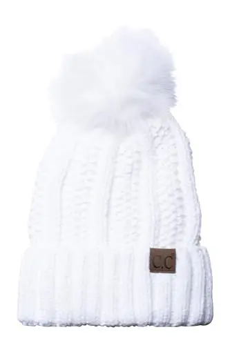 C.C Thick Cable Knit Faux Fuzzy Fur Pom Fleece Lined Skull Cap Cuff Beanie - C.C