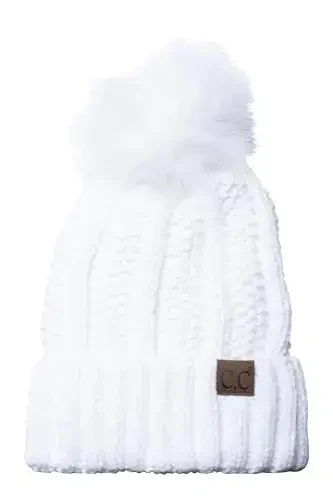 C.C Thick Cable Knit Faux Fuzzy Fur Pom Fleece Lined Skull Cap Cuff Beanie - C.C