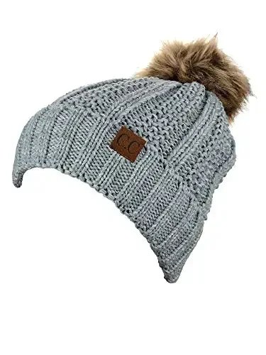 C.C Thick Cable Knit Faux Fuzzy Fur Pom Fleece Lined Skull Cap Cuff Beanie - 2