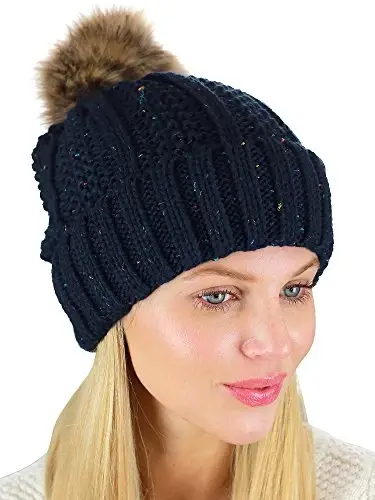 C.C Thick Cable Knit Faux Fuzzy Fur Pom Fleece Lined Skull Cap Cuff Beanie - 3