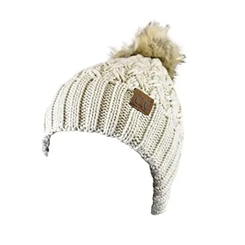 C.C Thick Cable Knit Faux Fuzzy Fur Pom Fleece Lined Skull Cap Cuff Beanie - C.C (1)