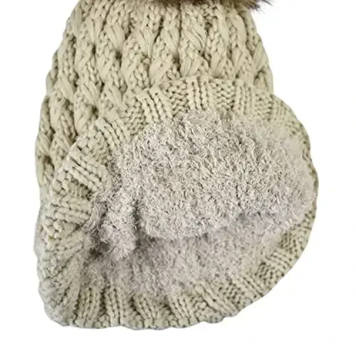 C.C Thick Cable Knit Faux Fuzzy Fur Pom Fleece Lined Skull Cap Cuff Beanie - 4