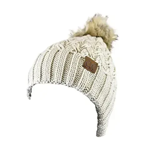 C.C Thick Cable Knit Faux Fuzzy Fur Pom Fleece Lined Skull Cap Cuff Beanie - 2