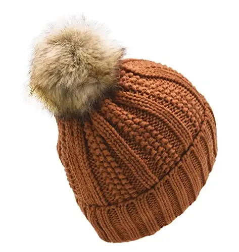 C.C Thick Cable Knit Faux Fuzzy Fur Pom Fleece Lined Skull Cap Cuff Beanie - 3