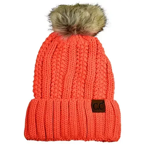 C.C Thick Cable Knit Faux Fuzzy Fur Pom Fleece Lined Skull Cap Cuff Beanie 
