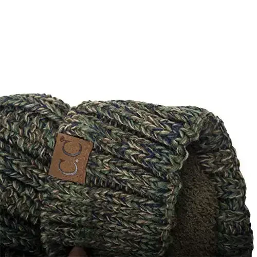 C.C Thick Cable Knit Faux Fuzzy Fur Pom Fleece Lined Skull Cap Cuff Beanie - 2