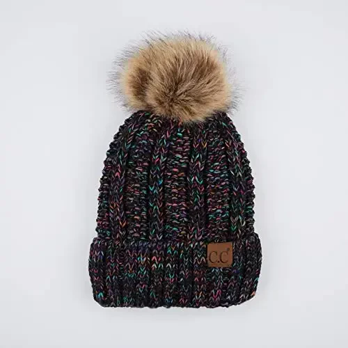 C.C Thick Cable Knit Faux Fuzzy Fur Pom Fleece Lined Skull Cap Cuff Beanie - C.C (1)