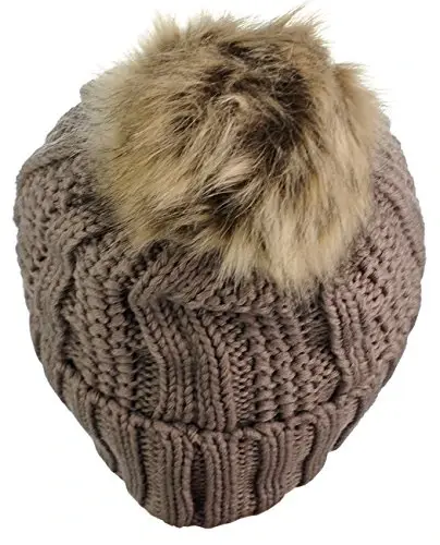 C.C Qalin Kabelli Trikotaj Sun'iy Moomiq Mo'ynali Pom Fleece Astarli Bosh Suyagi Qopqog'i Manjetli Beanie - 4
