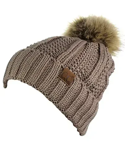 C.C Qalin Kabelli Trikotaj Sun'iy Moomiq Mo'ynali Pom Fleece Astarli Bosh Suyagi Qopqog'i Manjetli Beanie - 3