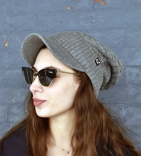 C.C Beanie Fuzzy Fleece Lining Warm Oversized Chunky Soft Stretchy Ribbed Slouchy Knit Hat with Visor Brim - 4