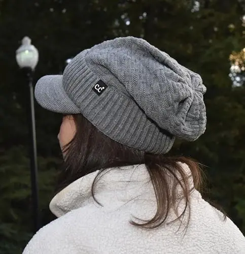 C.C Beanie Fuzzy Fleece Lining Warm Oversized Chunky Soft Stretchy Ribbed Slouchy Knit Hat with Visor Brim - 5
