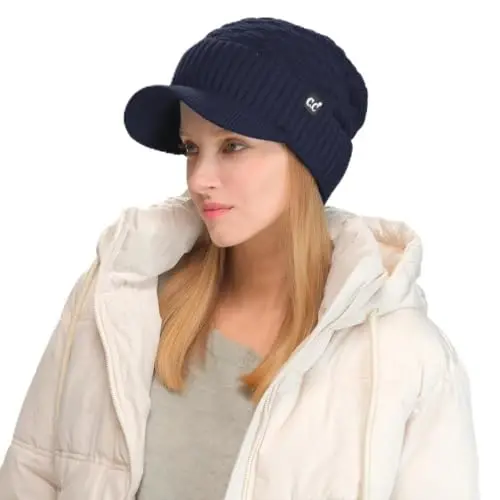 C.C Beanie Fuzzy Fleece Lining Warm Oversized Chunky Soft Stretchy Ribbed Slouchy Knit Hat with Visor Brim 