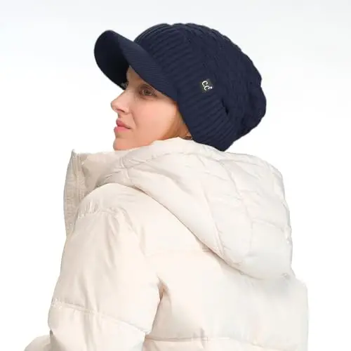 C.C Beanie Fuzzy Fleece Lining Warm Oversized Chunky Soft Stretchy Ribbed Slouchy Knit Hat with Visor Brim - 2