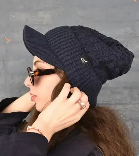 C.C Beanie Fuzzy Fleece Lining Warm Oversized Chunky Soft Stretchy Ribbed Slouchy Knit Hat with Visor Brim - 4