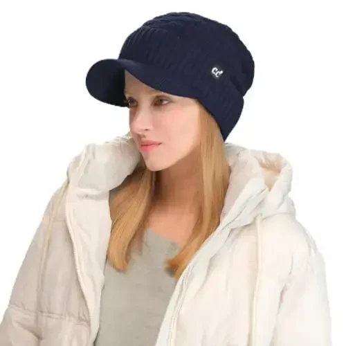 C.C Beanie Fuzzy Fleece Lining Warm Oversized Chunky Soft Stretchy Ribbed Slouchy Knit Hat with Visor Brim 