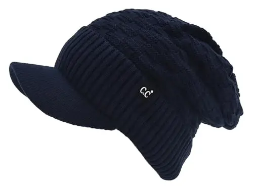 C.C Beanie Fuzzy Fleece Lining Warm Oversized Chunky Soft Stretchy Ribbed Slouchy Knit Hat with Visor Brim - 3