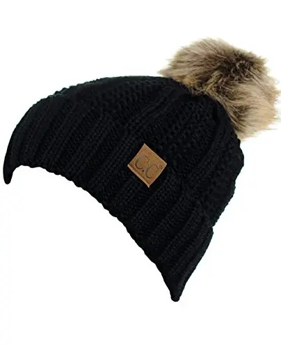 C.C Thick Cable Knit Faux Fuzzy Fur Pom Fleece Lined Skull Cap Cuff Beanie - 3