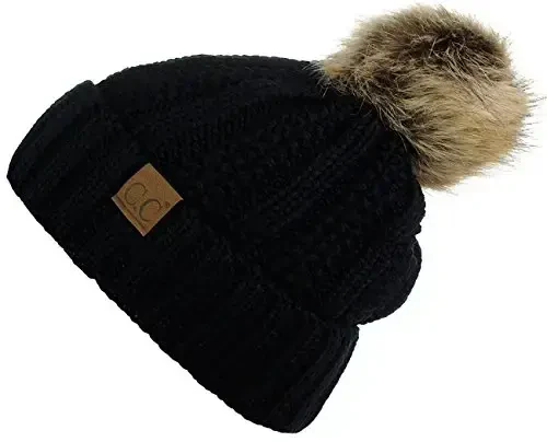 C.C Thick Cable Knit Faux Fuzzy Fur Pom Fleece Lined Skull Cap Cuff Beanie - C.C (1)