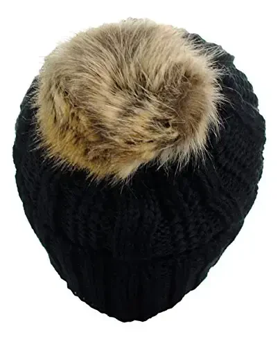 C.C Thick Cable Knit Faux Fuzzy Fur Pom Fleece Lined Skull Cap Cuff Beanie - 4
