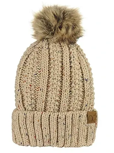C.C Thick Cable Knit Faux Fuzzy Fur Pom Fleece Lined Skull Cap Cuff Beanie - C.C