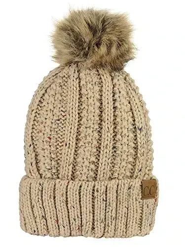 C.C Thick Cable Knit Faux Fuzzy Fur Pom Fleece Lined Skull Cap Cuff Beanie - 1