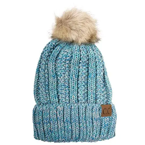 C.C Thick Cable Knit Faux Fuzzy Fur Pom Fleece Lined Skull Cap Cuff Beanie - 1