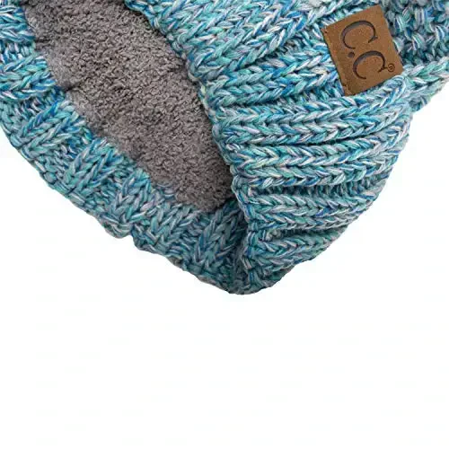 C.C Thick Cable Knit Faux Fuzzy Fur Pom Fleece Lined Skull Cap Cuff Beanie - 2