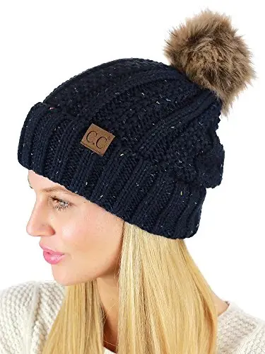 C.C Thick Cable Knit Faux Fuzzy Fur Pom Fleece Lined Skull Cap Cuff Beanie - 2