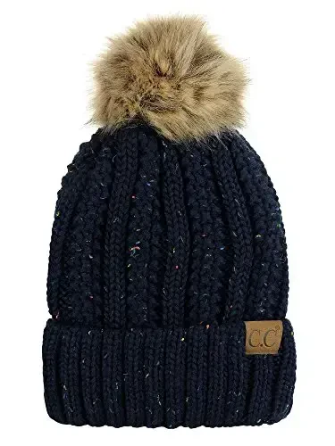 C.C Thick Cable Knit Faux Fuzzy Fur Pom Fleece Lined Skull Cap Cuff Beanie 