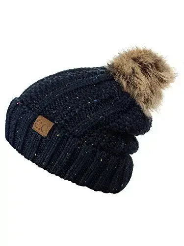 C.C Thick Cable Knit Faux Fuzzy Fur Pom Fleece Lined Skull Cap Cuff Beanie - 4