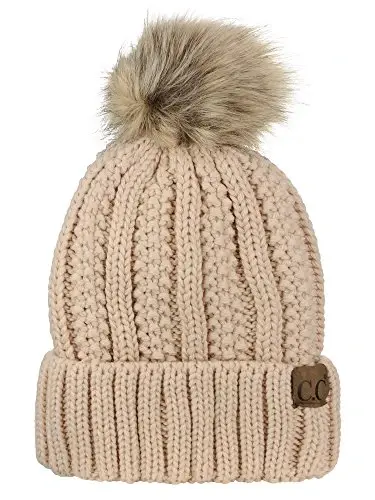 C.C Thick Cable Knit Faux Fuzzy Fur Pom Fleece Lined Skull Cap Cuff Beanie - C.C