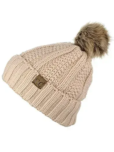 C.C Thick Cable Knit Faux Fuzzy Fur Pom Fleece Lined Skull Cap Cuff Beanie - C.C (1)