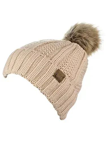 C.C Thick Cable Knit Faux Fuzzy Fur Pom Fleece Lined Skull Cap Cuff Beanie - 3