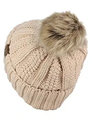 C.C Thick Cable Knit Faux Fuzzy Fur Pom Fleece Lined Skull Cap Cuff Beanie - 4