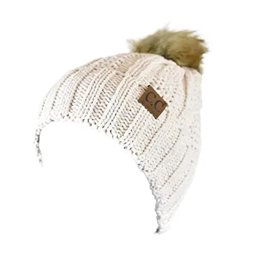C.C Thick Cable Knit Faux Fuzzy Fur Pom Fleece Lined Skull Cap Cuff Beanie - 2