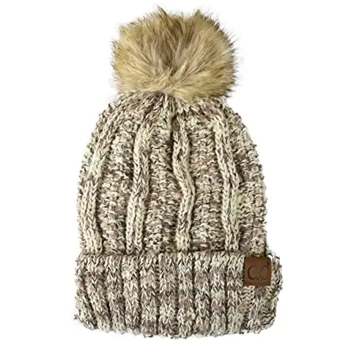 C.C Thick Cable Knit Faux Fuzzy Fur Pom Fleece Lined Skull Cap Cuff Beanie - 1