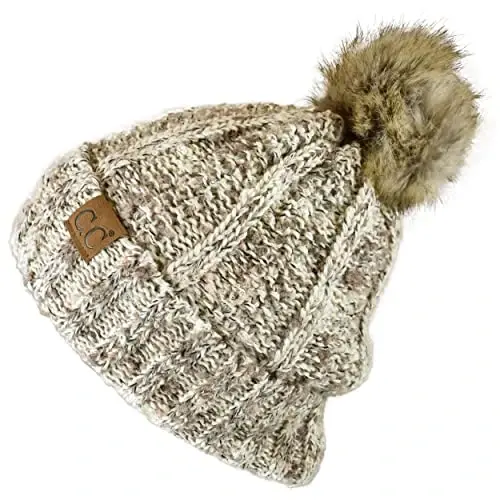 C.C Thick Cable Knit Faux Fuzzy Fur Pom Fleece Lined Skull Cap Cuff Beanie - 3