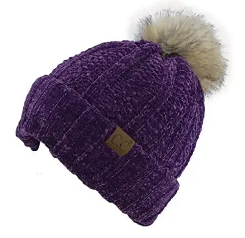 C.C Thick Cable Knit Faux Fuzzy Fur Pom Fleece Lined Skull Cap Cuff Beanie - 2