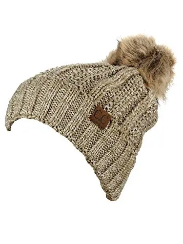 C.C Thick Cable Knit Faux Fuzzy Fur Pom Fleece Lined Skull Cap Cuff Beanie - C.C (1)
