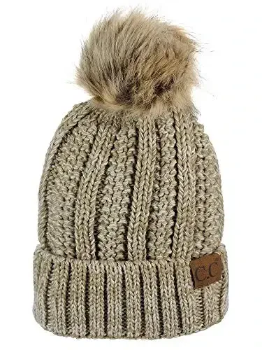 C.C Thick Cable Knit Faux Fuzzy Fur Pom Fleece Lined Skull Cap Cuff Beanie - 1