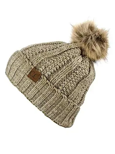 C.C Thick Cable Knit Faux Fuzzy Fur Pom Fleece Lined Skull Cap Cuff Beanie - 3
