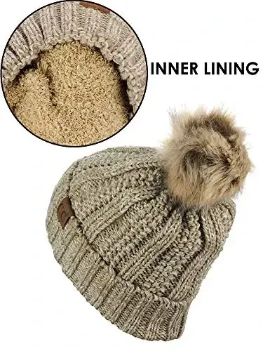 C.C Thick Cable Knit Faux Fuzzy Fur Pom Fleece Lined Skull Cap Cuff Beanie - 4