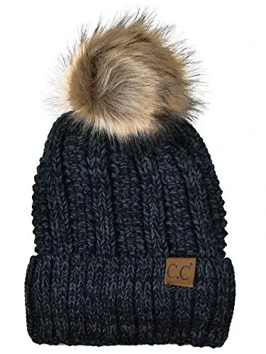 C.C Thick Cable Knit Faux Fuzzy Fur Pom Fleece Lined Skull Cap Cuff Beanie - C.C