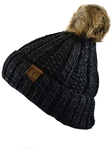 C.C Thick Cable Knit Faux Fuzzy Fur Pom Fleece Lined Skull Cap Cuff Beanie - 2