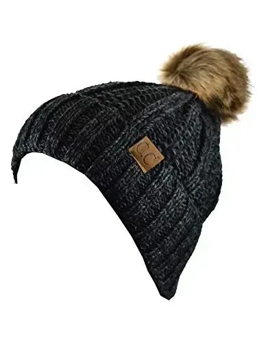 C.C Thick Cable Knit Faux Fuzzy Fur Pom Fleece Lined Skull Cap Cuff Beanie - 3