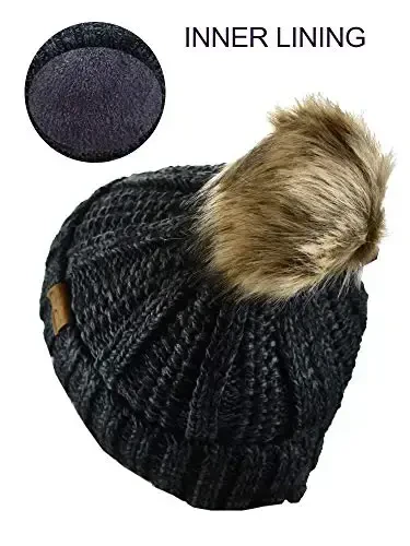 C.C Thick Cable Knit Faux Fuzzy Fur Pom Fleece Lined Skull Cap Cuff Beanie - 4