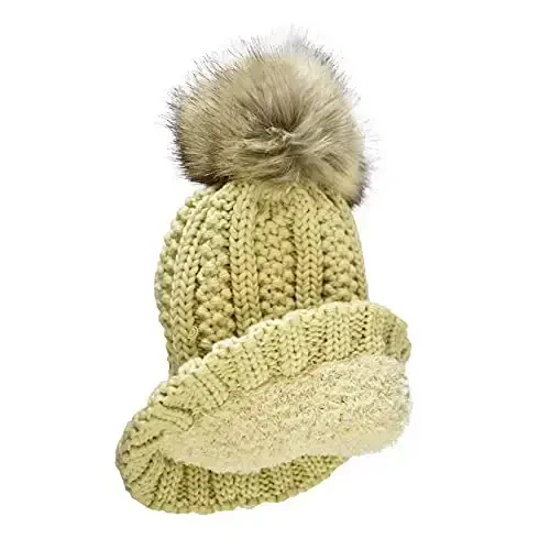 C.C Thick Cable Knit Faux Fuzzy Fur Pom Fleece Lined Skull Cap Cuff Beanie - 2