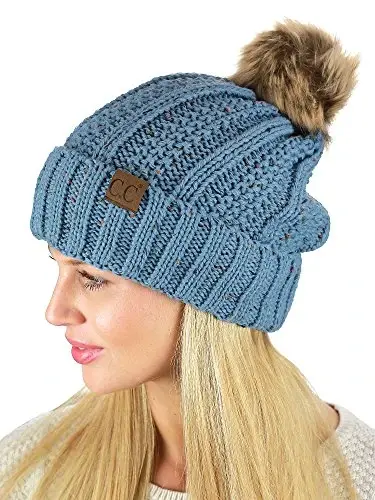 C.C Thick Cable Knit Faux Fuzzy Fur Pom Fleece Lined Skull Cap Cuff Beanie - 2